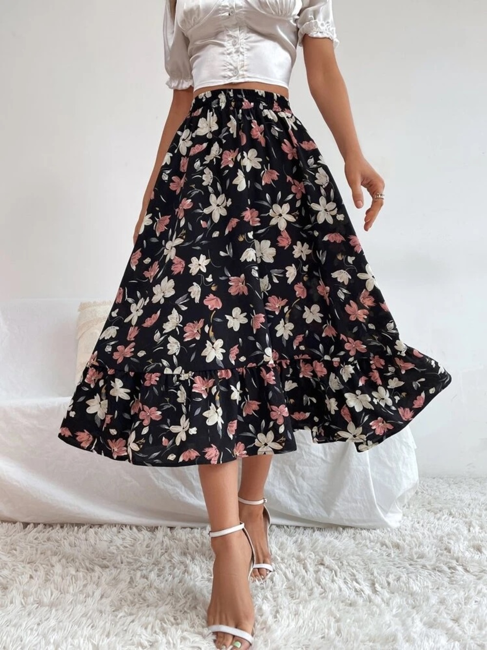 SHEIN Black Midi Skirt with Pink & White Floral Print Size XL